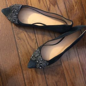 Tory Burch pointed toe crystal bow flat.